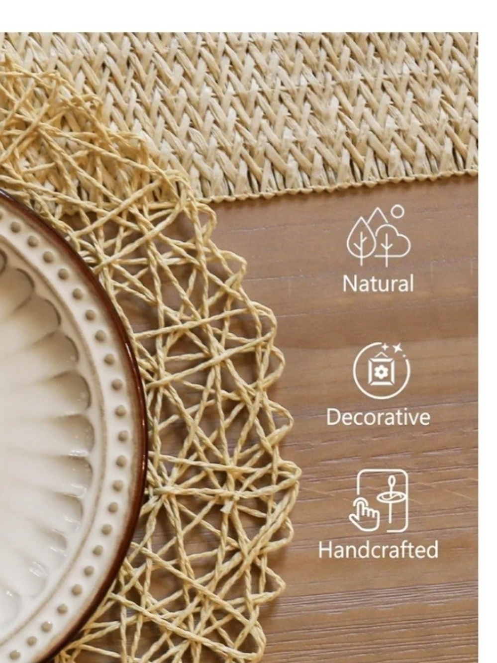 6 Handcrafted Round Woven Placemat - Natural Beige